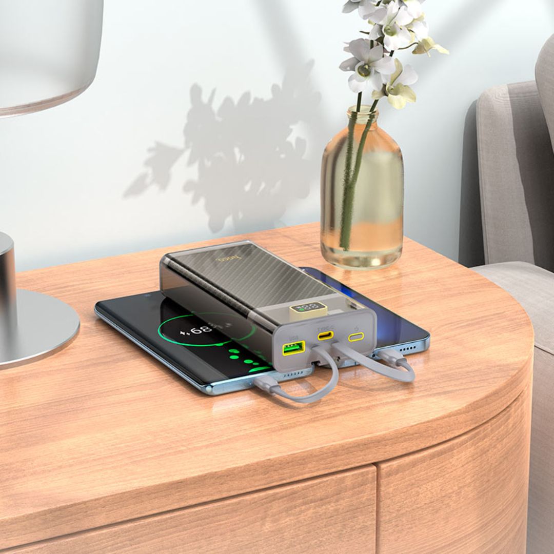 Power Bank 20000 mAh Hoco J104A con Carga Rápida 22.5W Pantalla LED Cables Integrados y USB-C