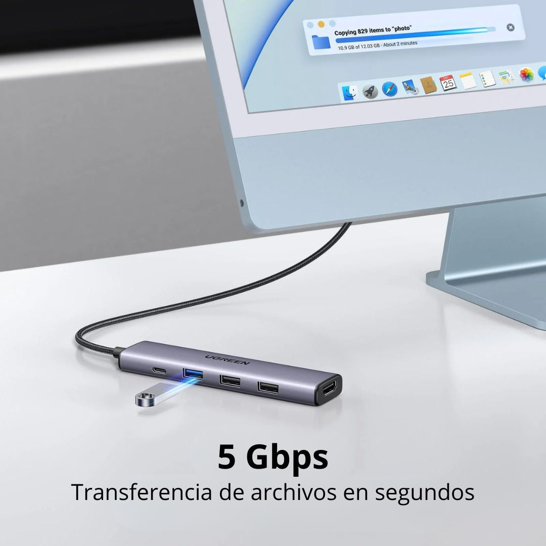 Hub USB-C 5 en 1 UGREEN CM478 HDMI 4K 30Hz USB 3.0 PD 100W para Laptop