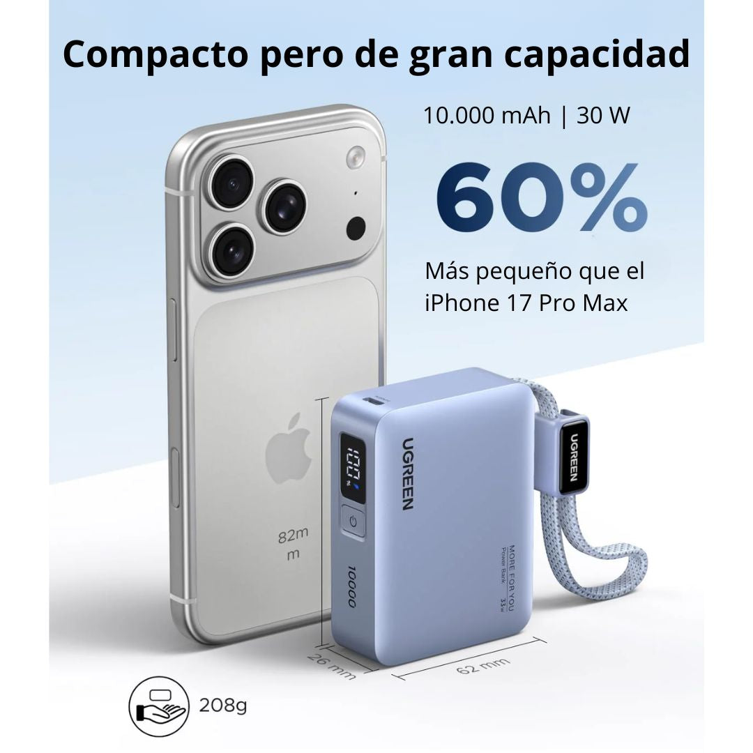 Power Bank 10000mAh UGREEN PB584 33W Carga Rápida con Cable USB-C Integrado