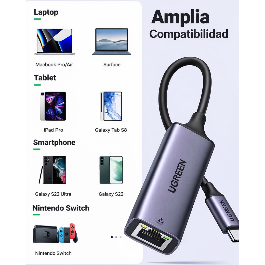 Adaptador USB-C a Ethernet UGREEN Gigabit 1000Mbps RJ45 para MacBook y Laptop CM199