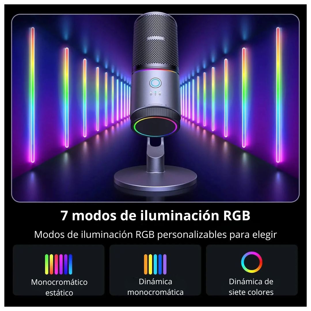Micrófono Gamer USB UGREEN CM769 RGB Cardioide 24bit 96kHz para Streaming y Podcast