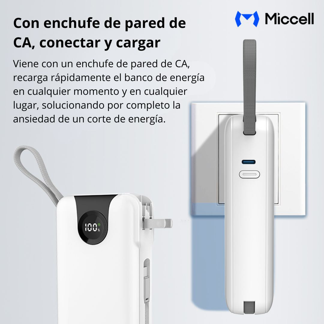Power Bank 20000mAh 35W Carga Rápida con Cables Integrados USB-C Lightning Miccell VQ-P59