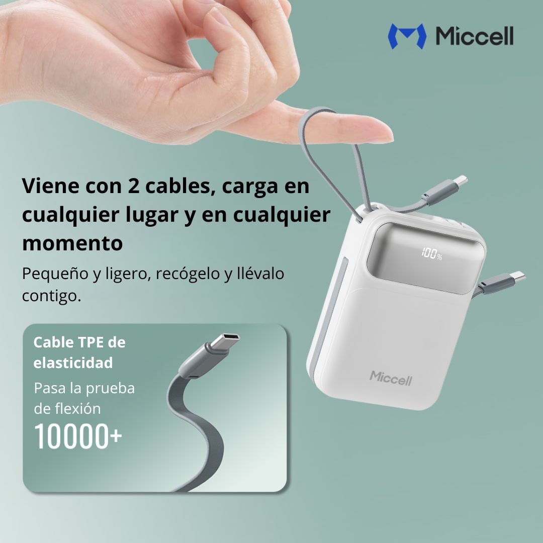 Power Bank 10000mAh 35W Carga Rápida con Cables Integrados USB-C Lightning Miccell VQ-P51