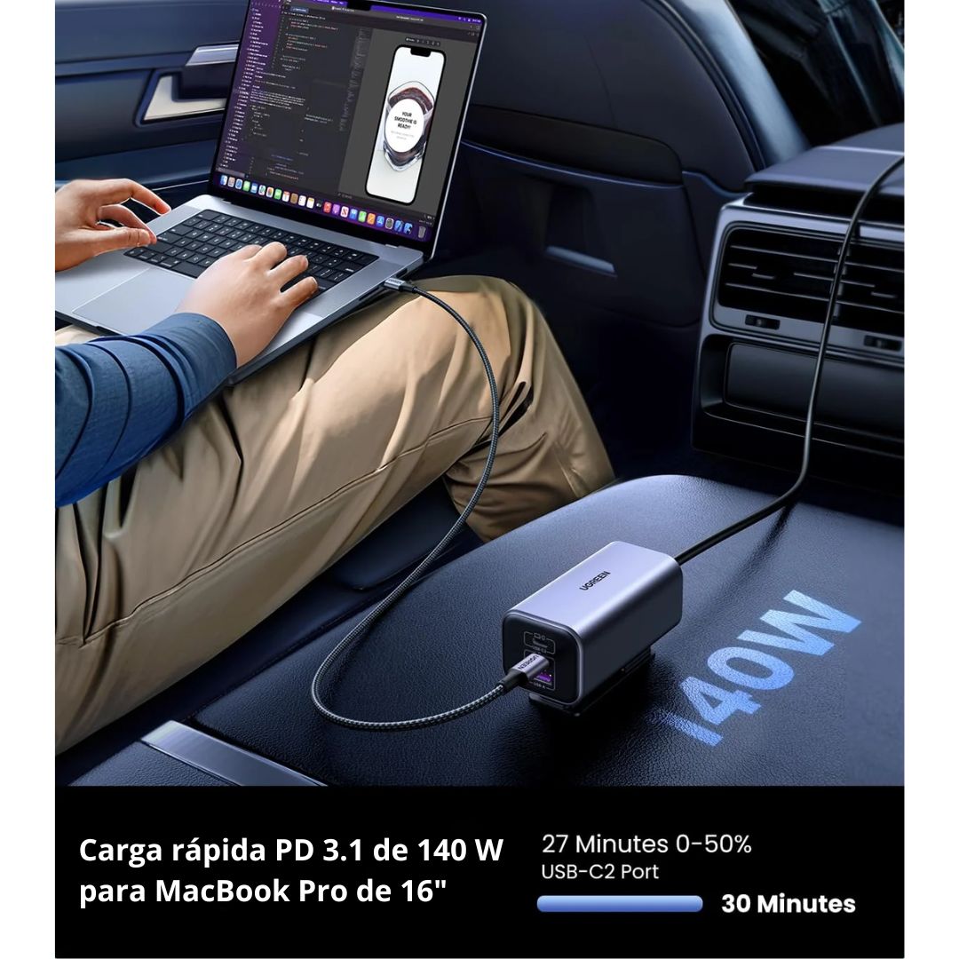Cargador para Auto UGREEN EC706 150W GaN 4 Puertos PD USB-C USB-A con Extensión 1m