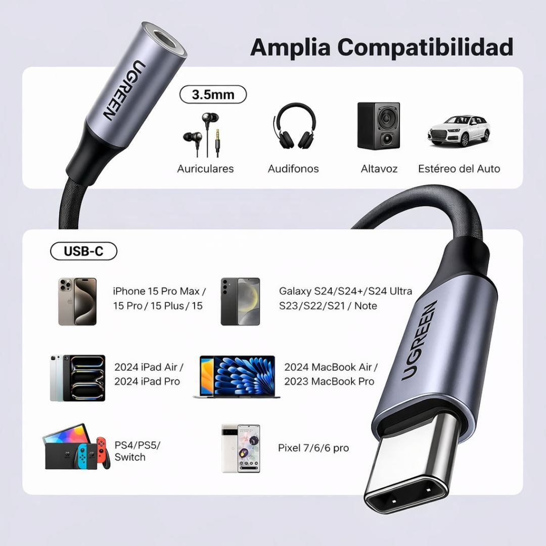 Adaptador USB-C a Jack 3.5mm UGREEN Cable Audio Tipo C a Auxiliar AV142