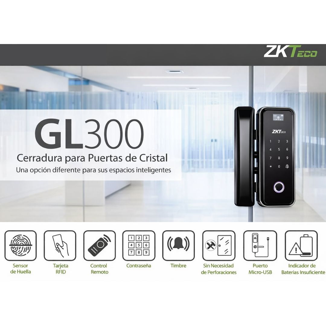 Cerradura Inteligente WiFi para Puerta de Vidrio ZKTeco GL300/L con Huella Tarjeta y Contraseña