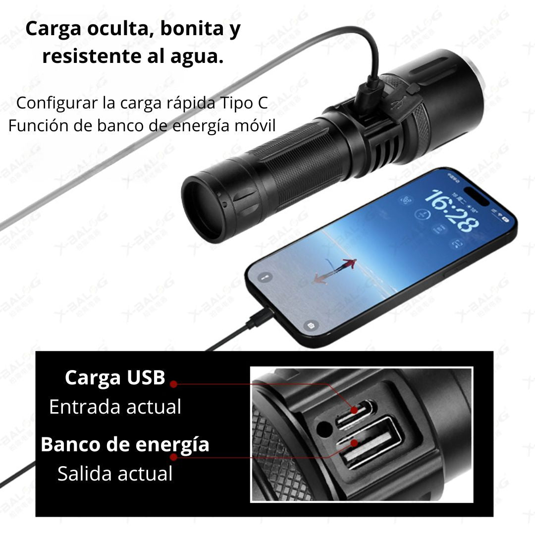 Linterna LED de Largo Alcance 2000M con Zoom y 3 Modos de Iluminación