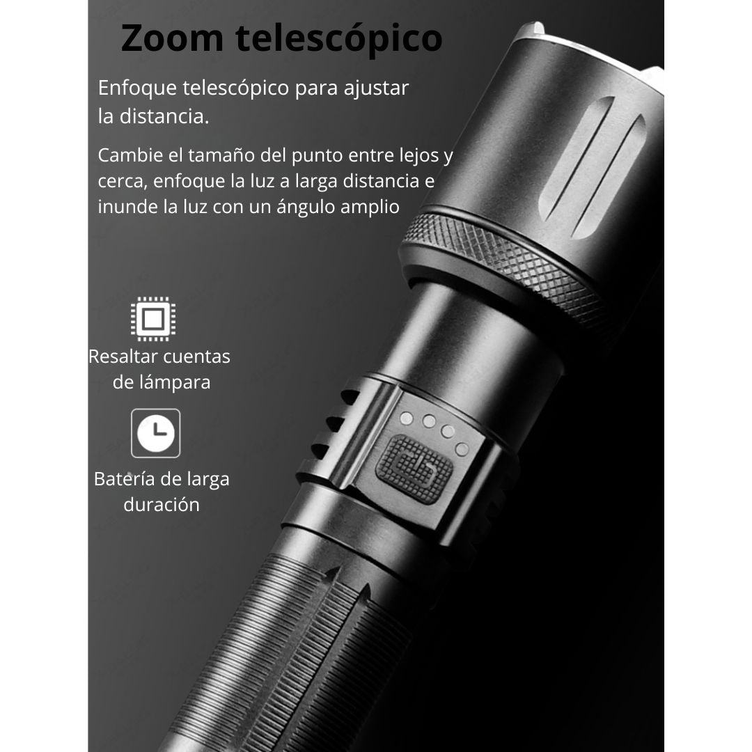 Linterna LED de Largo Alcance 2000M con Zoom y 3 Modos de Iluminación