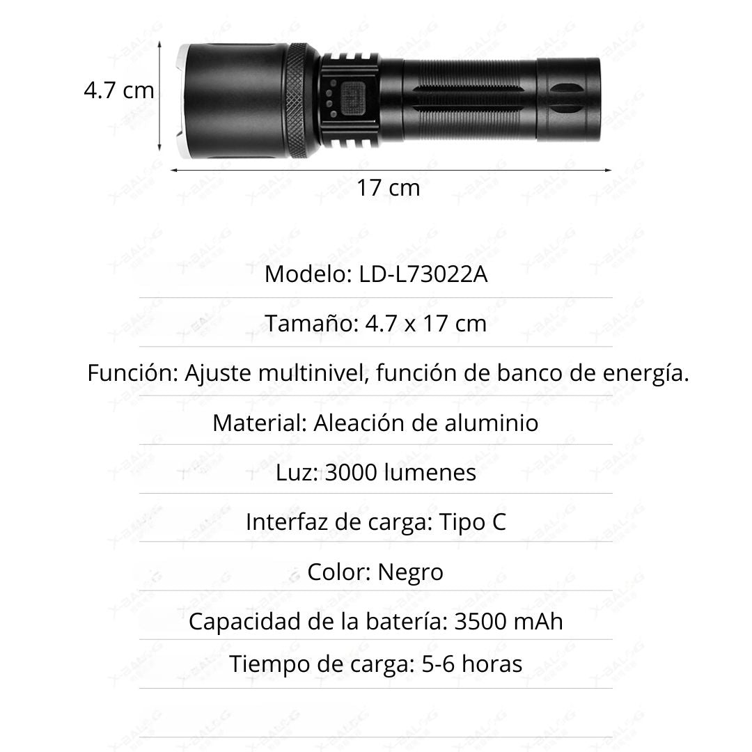 Linterna LED de Largo Alcance 2000M con Zoom y 3 Modos de Iluminación