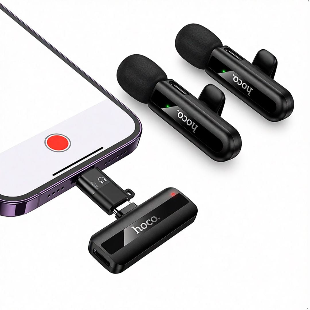 Micrófono Solapero Inalámbrico Doble Hoco L20A USB-C y Lightning para Celular con Reducción de Ruido