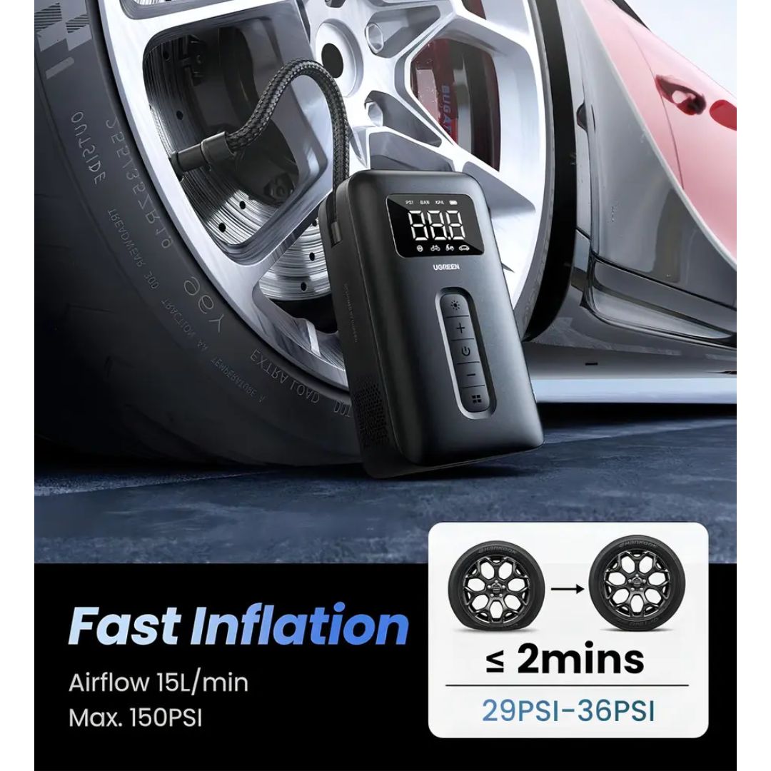 Inflador de Llantas Portátil UGREEN CD259 150 PSI Recargable con Pantalla Digital y Luz LED