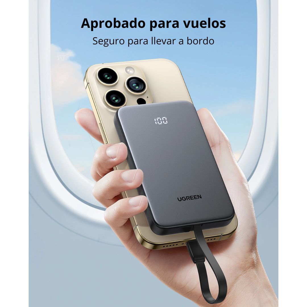 Power Bank 10000mAh UGREEN PB526 22.5W Carga Rápida con Cable USB-C Integrado