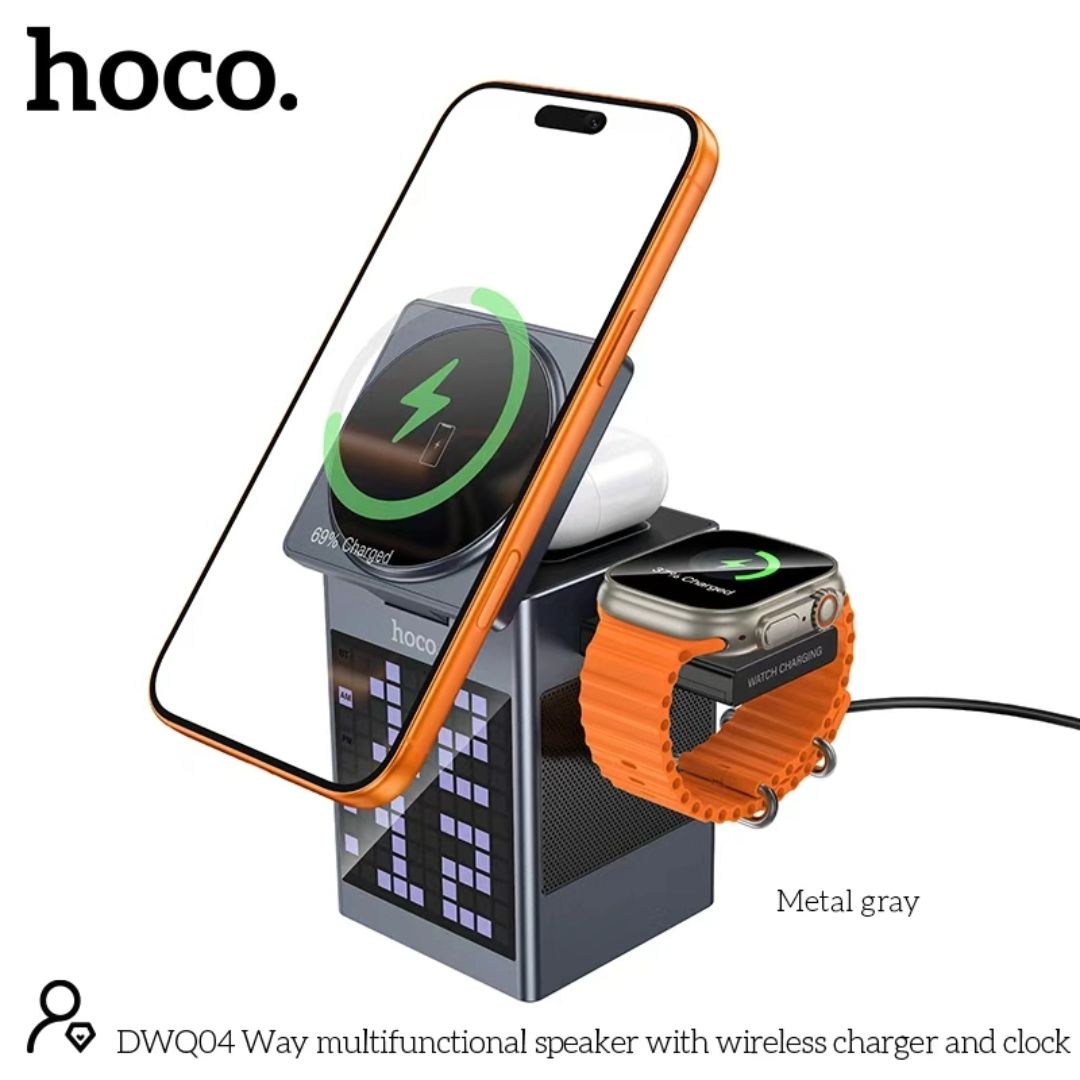 Estación de Carga Hoco DWQ04 3 en 1 15W con Parlante Bluetooth y Reloj Despertador