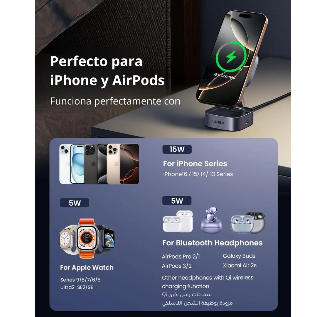 Cargador Inalámbrico Magnético UGREEN W702 Qi2 2 en 1 15W para iPhone AirPods