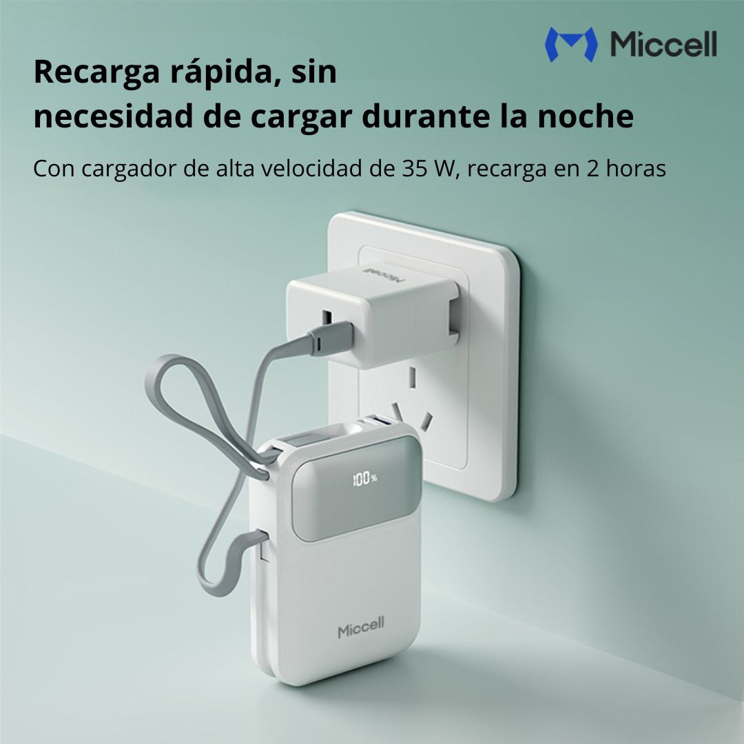 Power Bank 10000mAh 35W Carga Rápida con Cables Integrados USB-C Lightning Miccell VQ-P51
