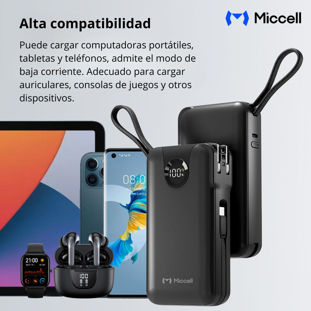Power Bank 20000mAh 35W Carga Rápida con Cables Integrados USB-C Lightning Miccell VQ-P59