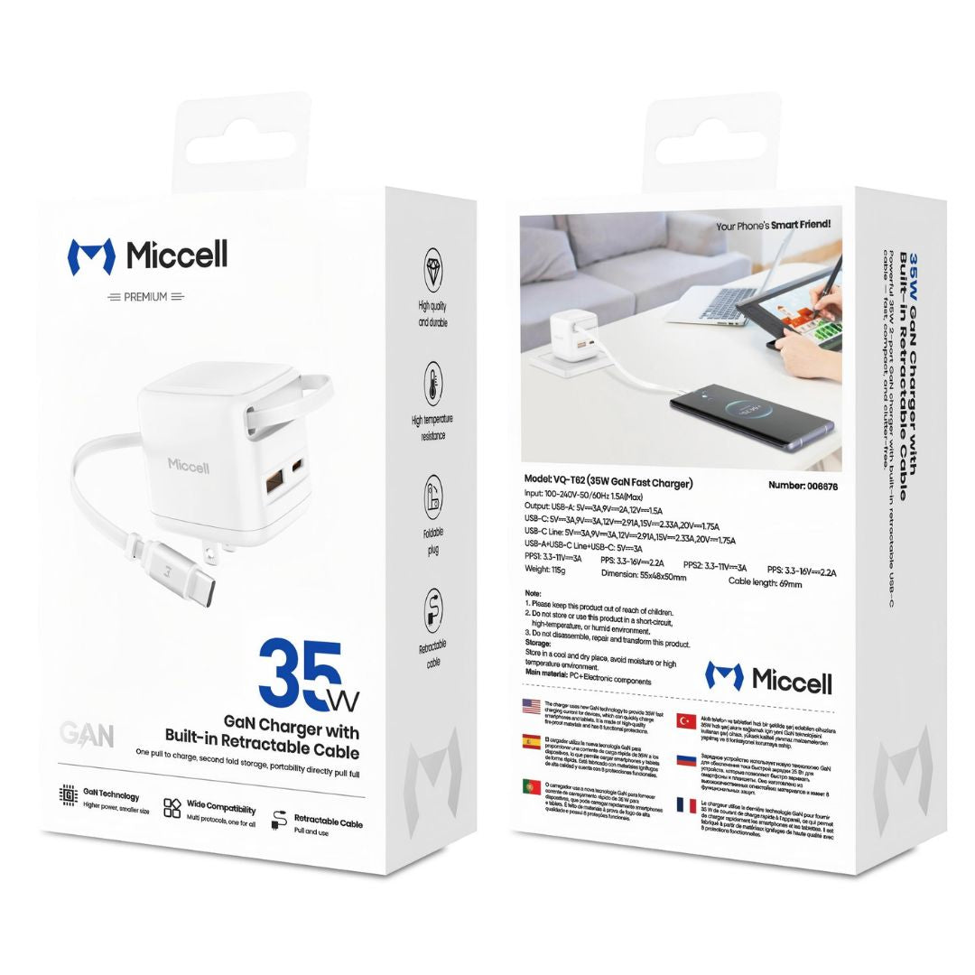 Cargador GaN 35W USB-C USB-A Carga Rápida con Cable Retráctil Miccell VQ-T62