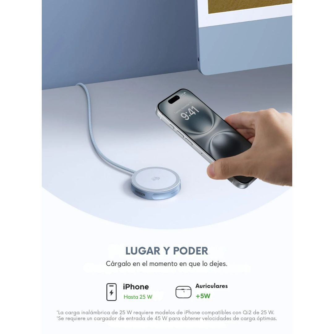 Cargador Inalámbrico Magnético UGREEN MagFlow W753 Qi2.2 25W para iPhone AirPods
