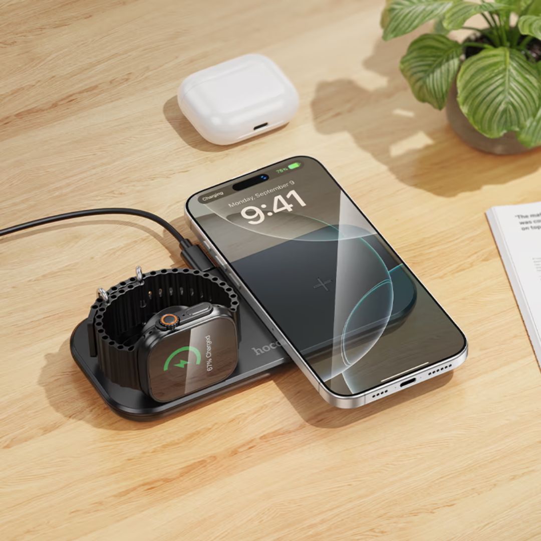 Cargador Inalámbrico Hoco CW65 3 en 1 15W para Celular Audífonos y Apple Watch