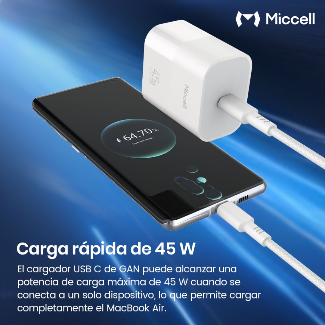 Cargador Rápido GaN Miccell 45W USB-C PD PPS Compatible con Samsung Super Fast Charging 2.0
