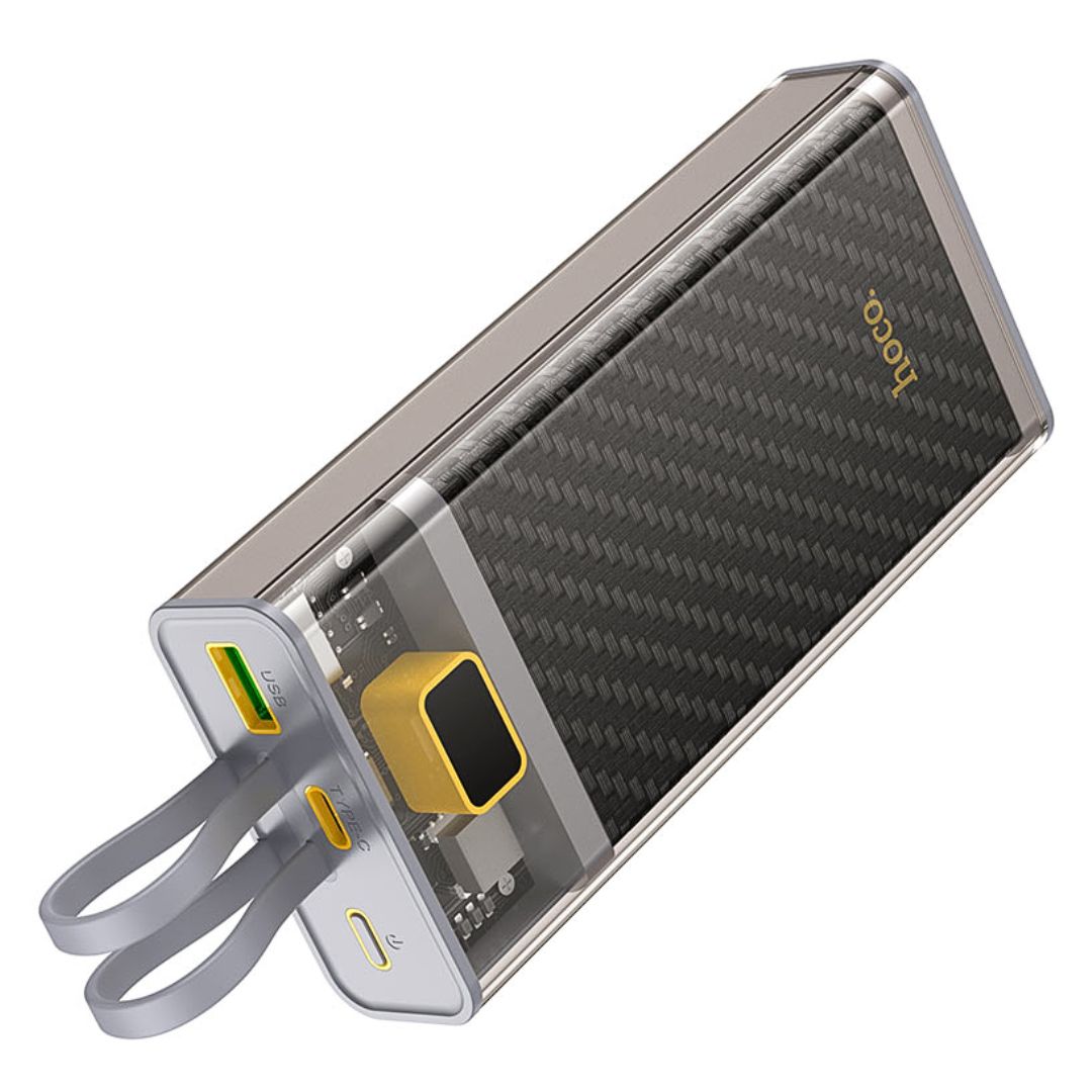Power Bank 20000 mAh Hoco J104A con Carga Rápida 22.5W Pantalla LED Cables Integrados y USB-C