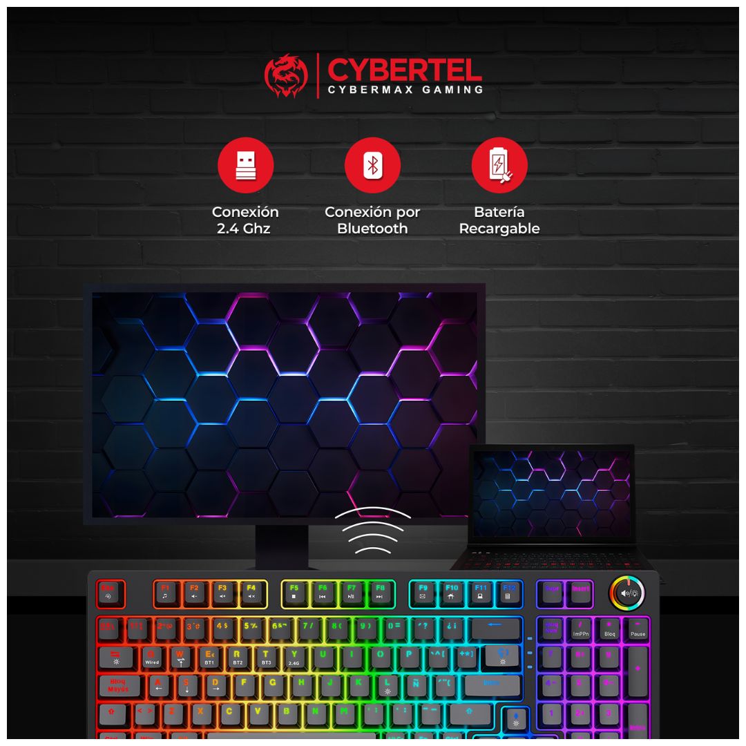 Teclado Gamer Mecánico Cybertel K1008-3M RGB Bluetooth 2.4G
