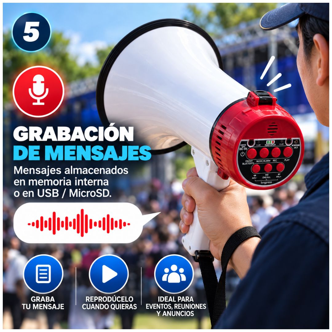 Megáfono CAFINI 60W Bluetooth Recargable con Grabación USB MicroSD