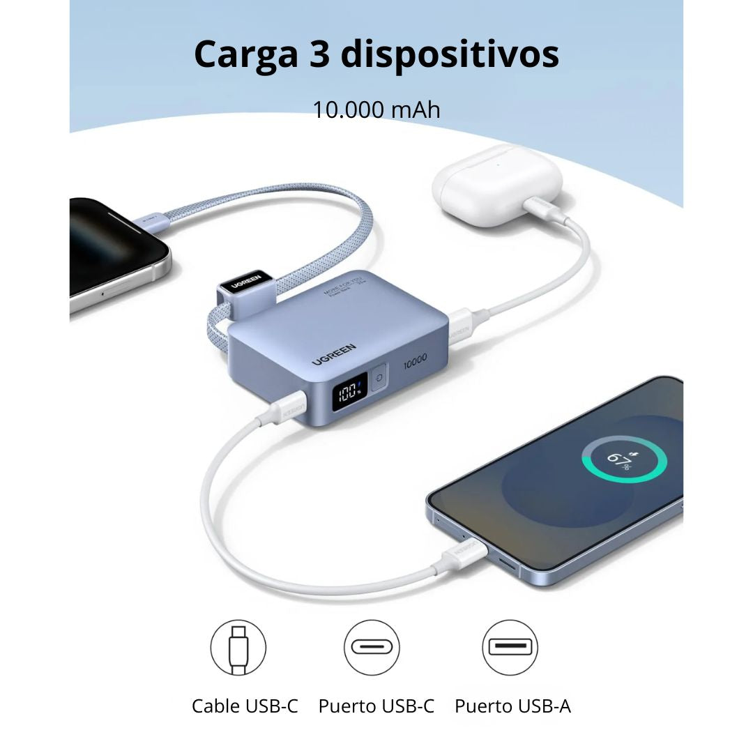 Power Bank 10000mAh UGREEN PB584 33W Carga Rápida con Cable USB-C Integrado