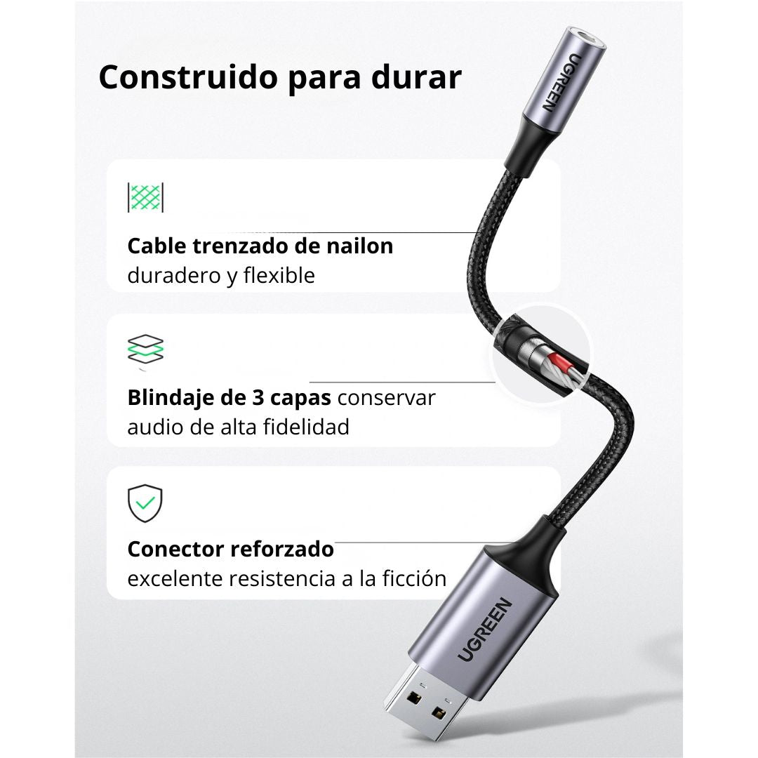 Adaptador de Audio USB UGREEN CM477 a Jack 3.5mm para Audífonos y Micrófono