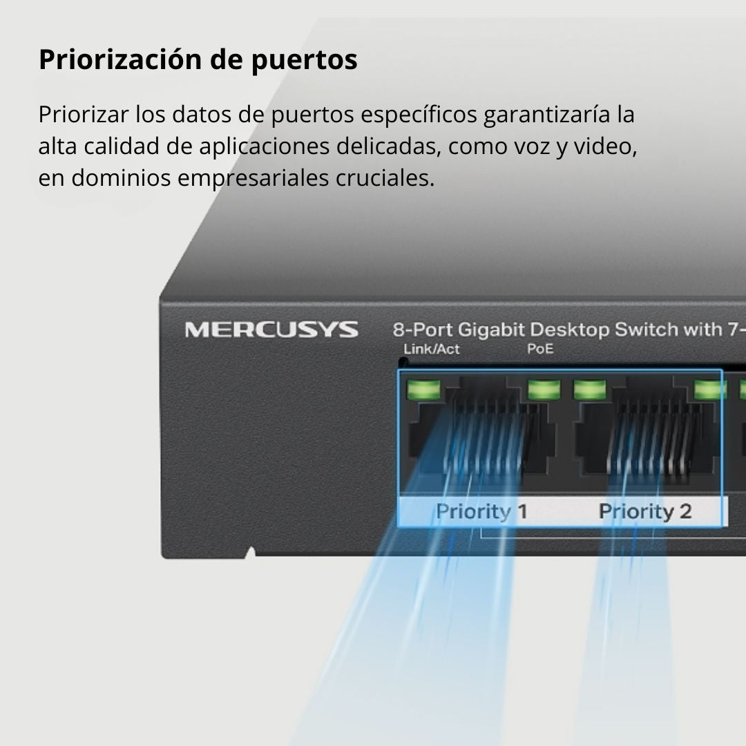 Switch PoE+ Gigabit 8 Puertos Mercusys MS108GP 7 PoE+ 65W para Cámaras IP