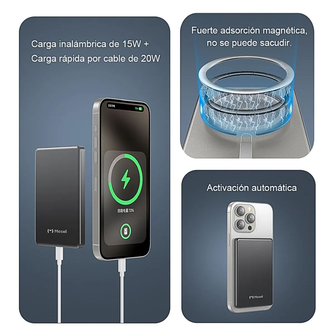 Power Bank Magnético 5000mAh 20W Carga Rápida Inalámbrica 15W USB-C Miccell VQ-P31