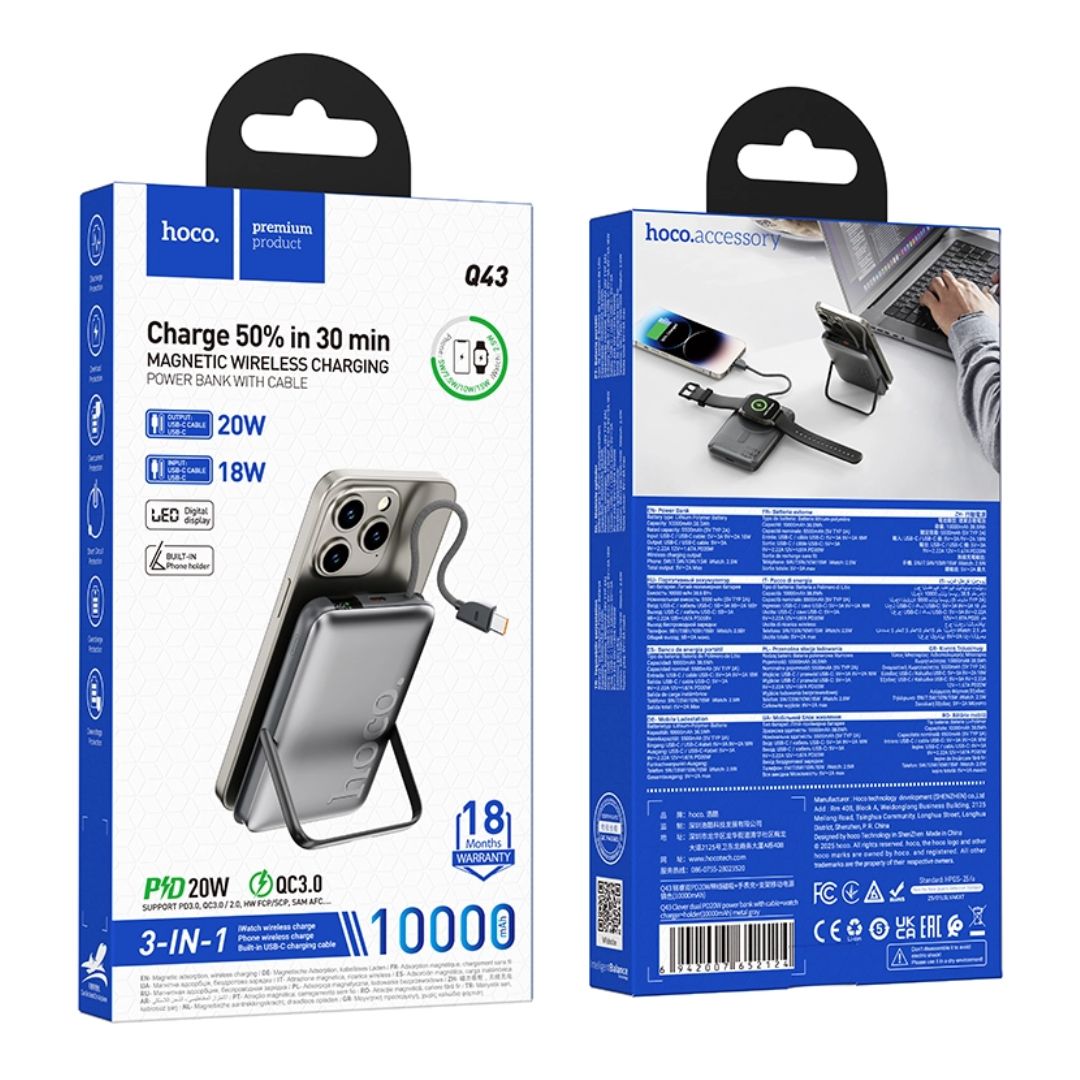 Power Bank Magnético Hoco Q43 10000mAh PD20W para iPhone y Apple Watch