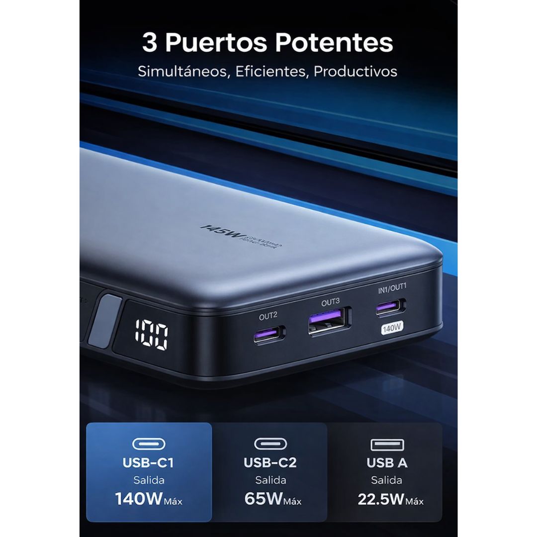 Power Bank UGREEN 25000mAh 145W PD 3.1 USB-C Carga Rápida para Laptop MacBook y Celular PB205