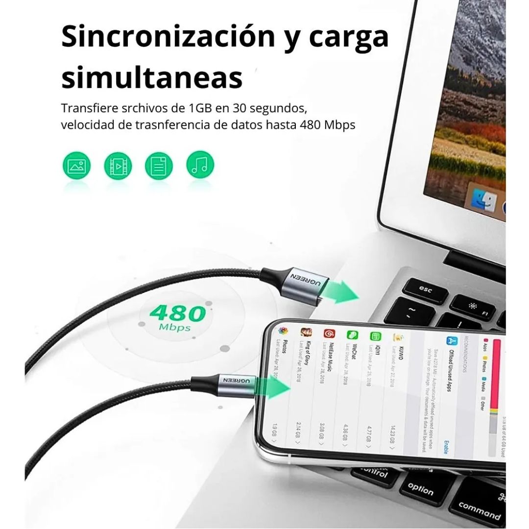 Cable USB-A a Lightning UGREEN 1 Metro 2.4A MFi Carga Rápida para iPhone US199
