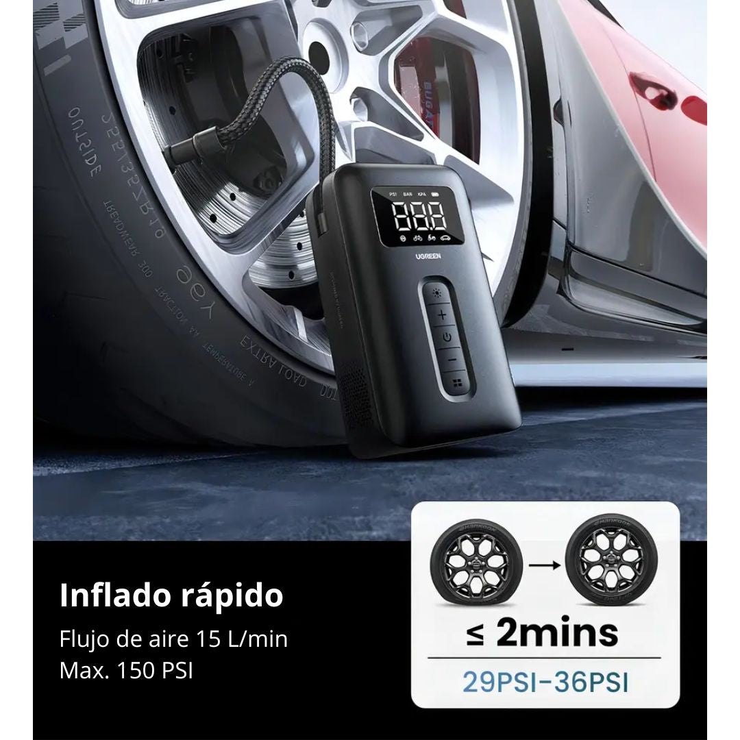 Inflador de Llantas Portátil UGREEN CD259 150 PSI Recargable con Pantalla Digital y Luz LED