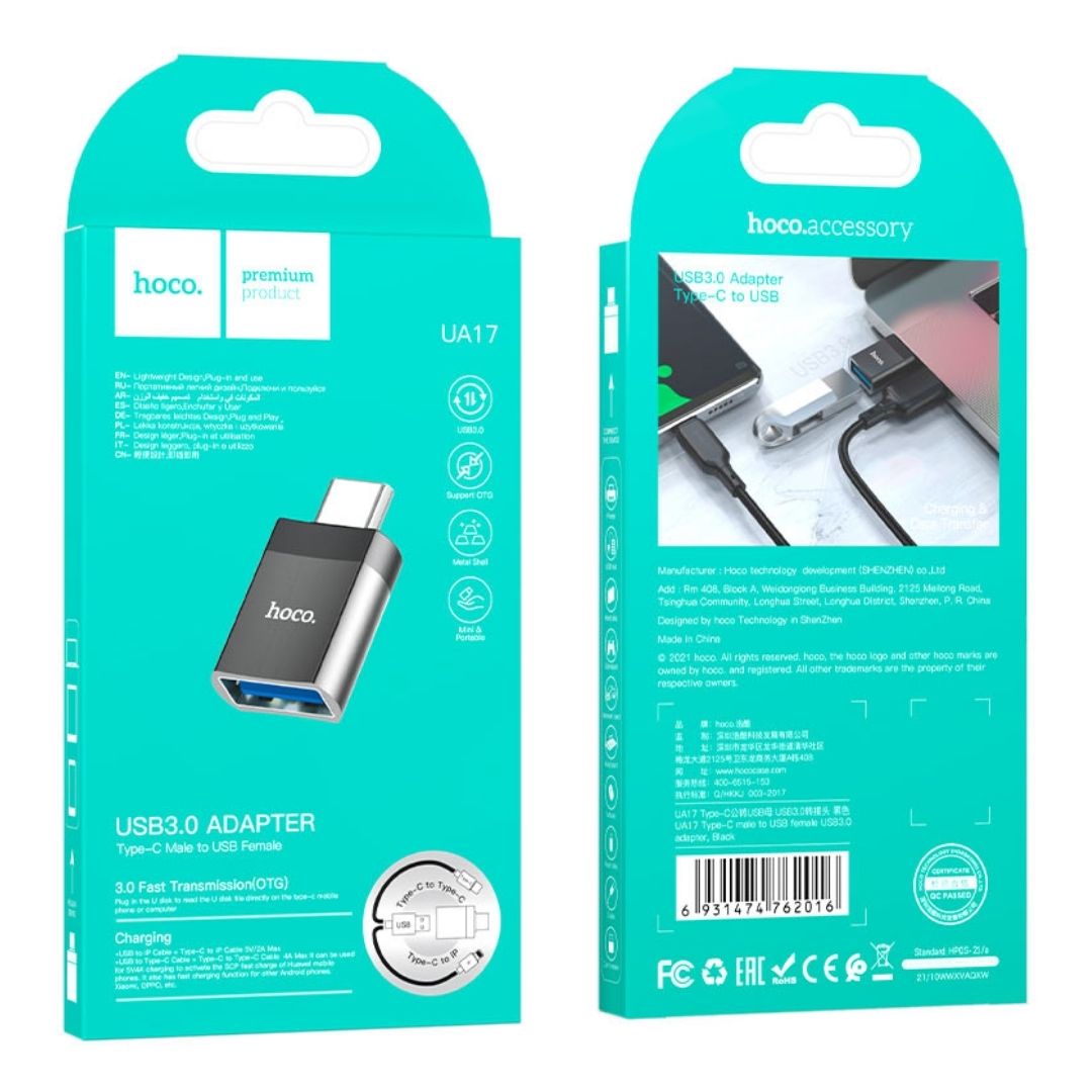 Adaptador OTG USB-C a USB-A 3.0 Hoco UA17 para Celular y Laptop