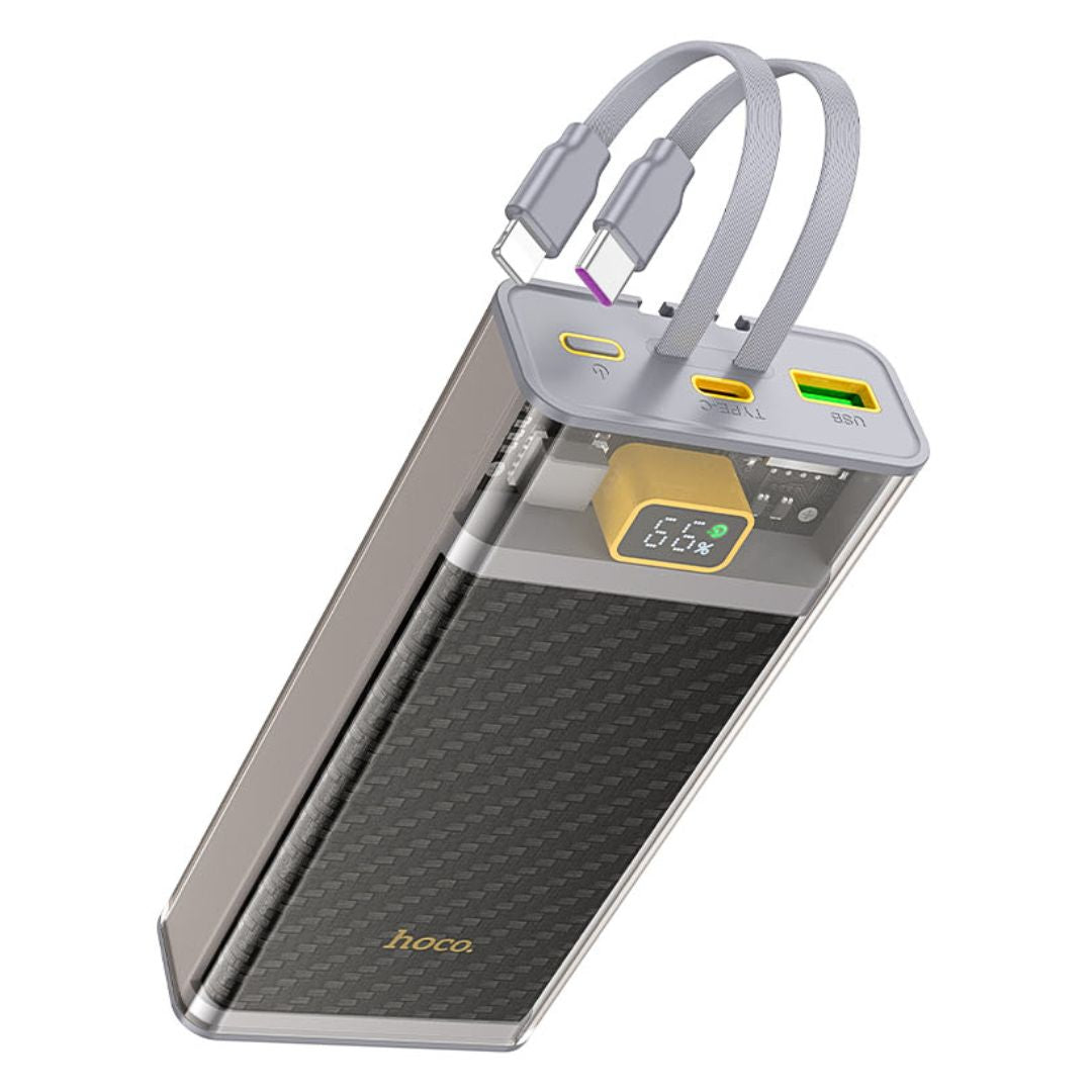 Power Bank 20000 mAh Hoco J104A con Carga Rápida 22.5W Pantalla LED Cables Integrados y USB-C
