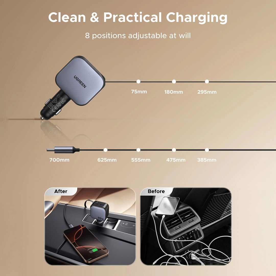 Cargador para Auto UGREEN EC603 90W con Cable Retráctil USB-C PD 3.0 y USB-A