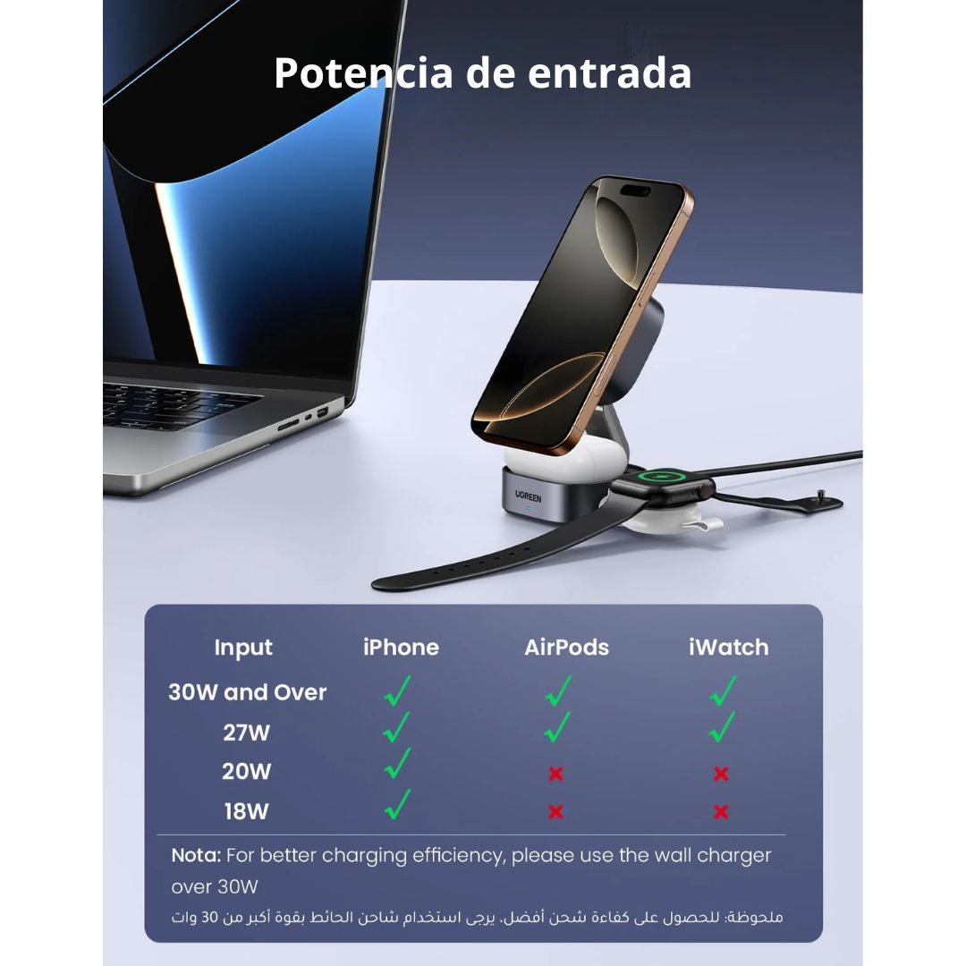 Cargador Inalámbrico Magnético UGREEN W702 Qi2 2 en 1 15W para iPhone AirPods