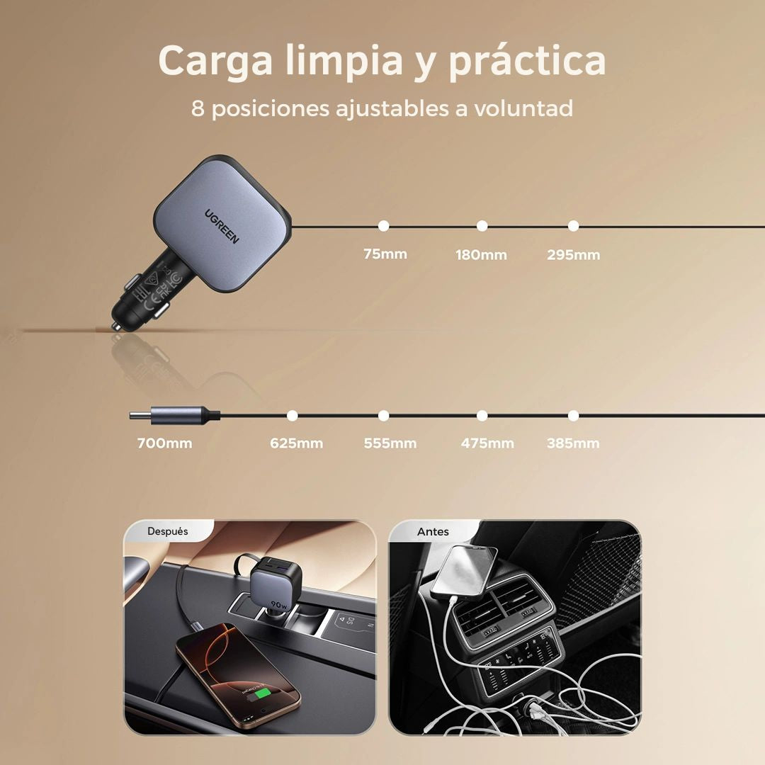 Cargador para Auto UGREEN EC603 90W con Cable Retráctil USB-C PD 3.0 y USB-A