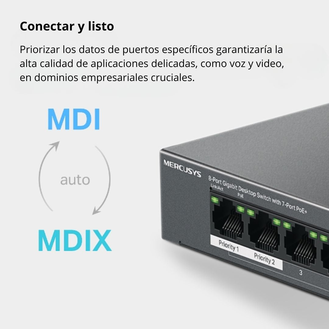 Switch PoE+ Gigabit 8 Puertos Mercusys MS108GP 7 PoE+ 65W para Cámaras IP