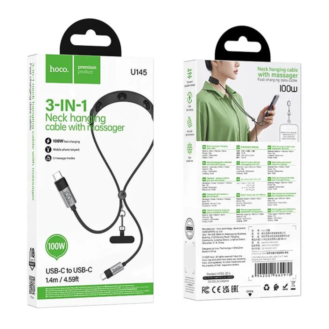 Cable USB-C a USB-C Hoco U145 100W 1.4m Carga Rápida con Masajeador de Cuello