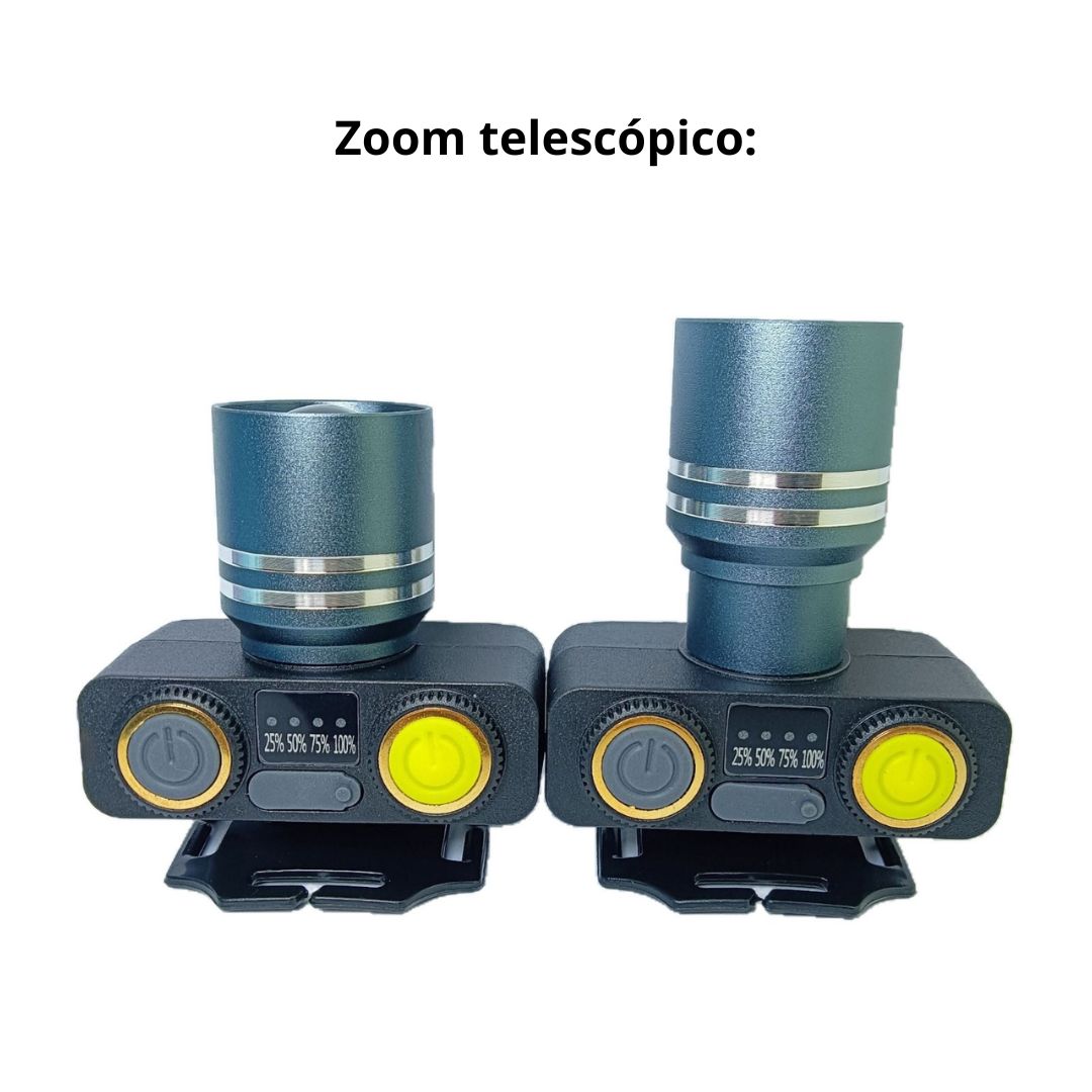 Linterna Frontal LED 200W Bossney con Luz Blanca y Amarilla, Zoom Telescópico, Indicador Digital y Batería 2000 mAh Impermeable