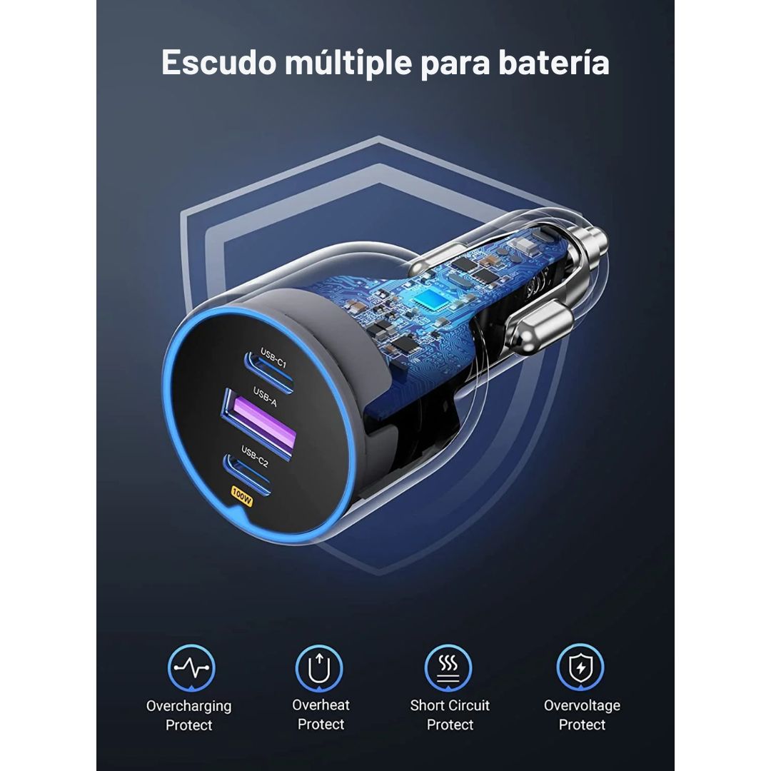 Cargador para Auto UGREEN EC705 130W 3 Puertos PD con Cable USB-C 100W