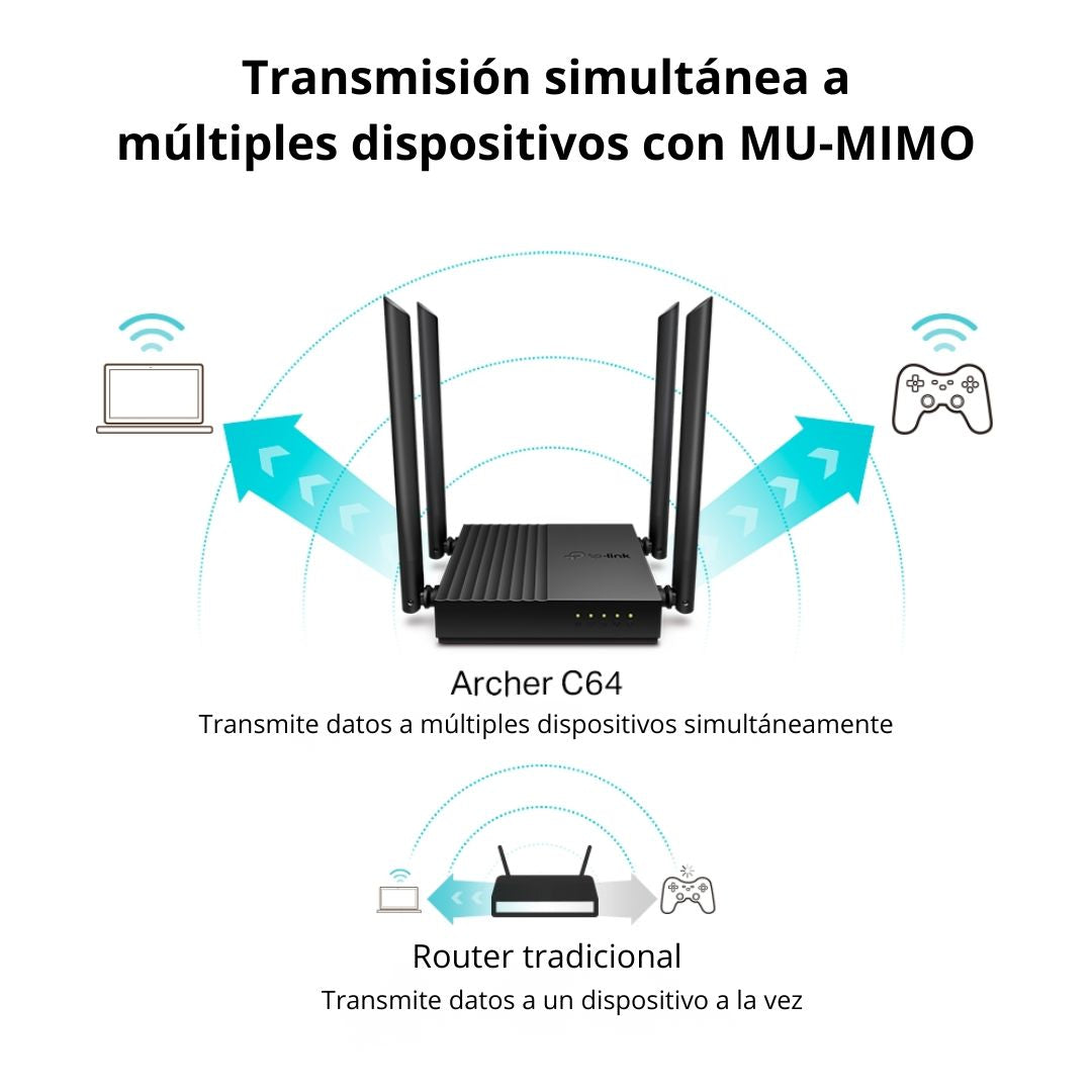 Router WiFi TP-Link Archer C64 AC1200 Doble Banda Gigabit MU-MIMO con 4 Antenas