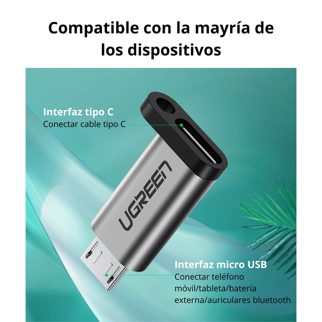 Adaptador Micro USB a USB-C UGREEN US282 2A Carga Rápida y Datos 480Mbps