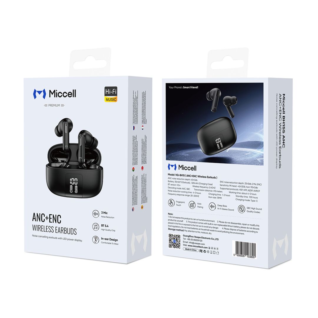 Audífonos Bluetooth ANC ENC Cancelación de Ruido BT 5.4 Estuche de Carga Miccell VQ-BH15