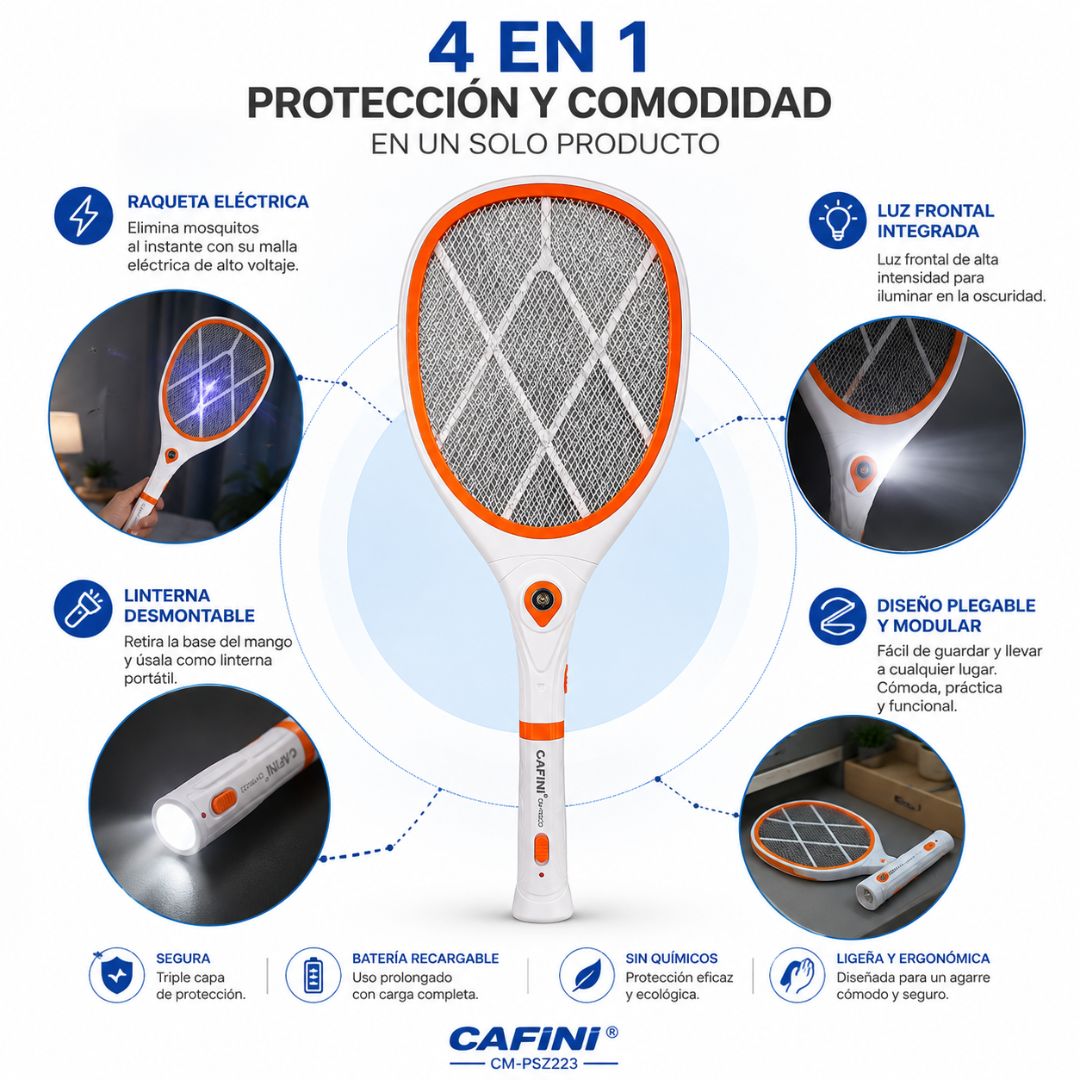 Raqueta Eléctrica Mata Mosquitos Cafini CN-P9212 Recargable con Linterna LED