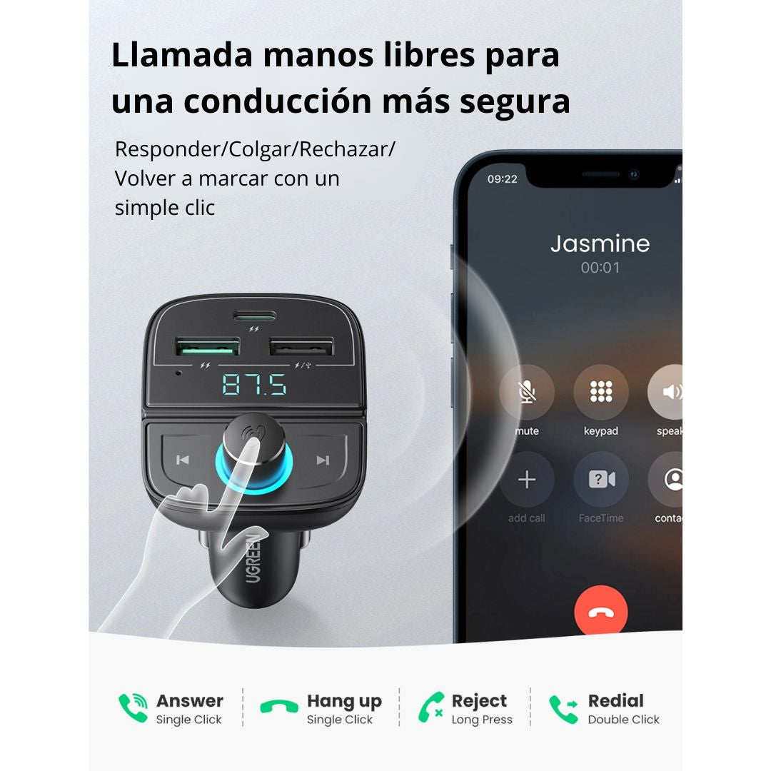 Transmisor FM Bluetooth UGREEN CD229 para Auto con Cargador PD QC 31.5W y Manos Libres