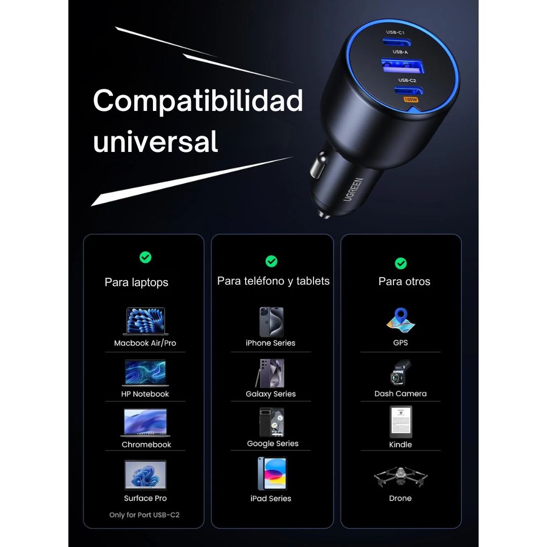 Cargador para Auto UGREEN 130W USB-C PD 3 Puertos Carga Rápida